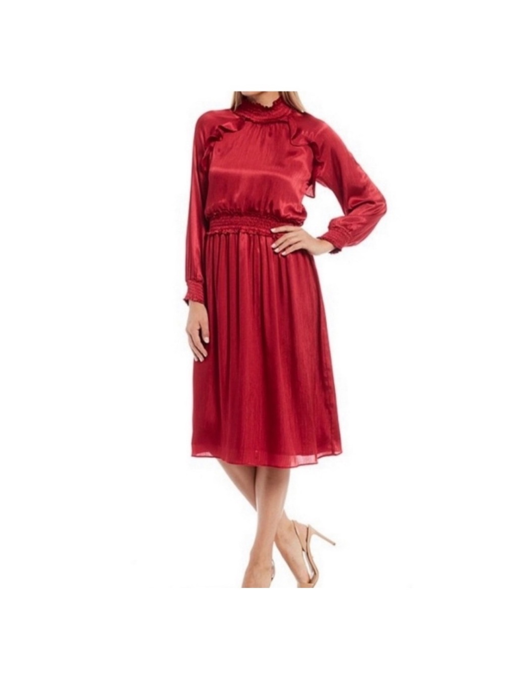 Adelyn Rae Satin Chiffon Smocked
Waist
Long Sleeve size Medium